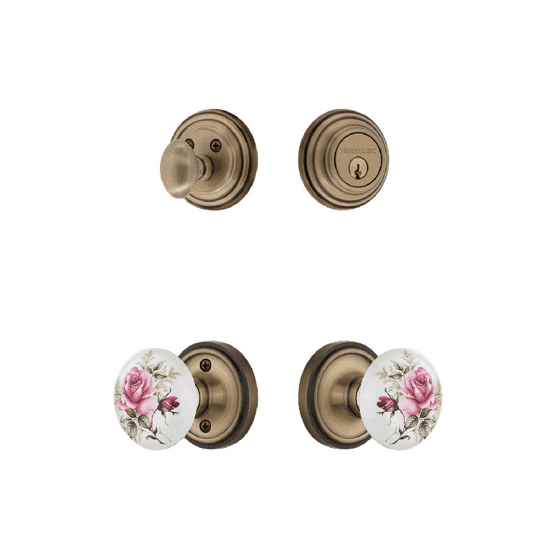 Nostalgic Warehouse Classic Rosette Entry Set with White Rose Porcelain Knob, Antique Brass, 2.375
