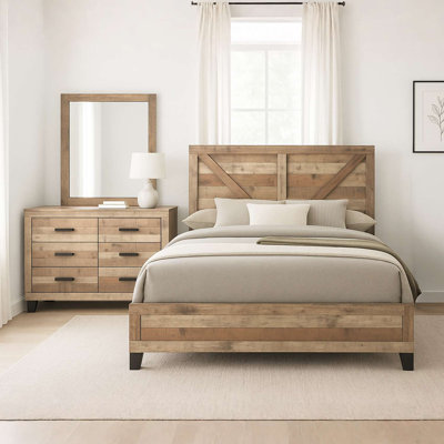 Ensemble de chambre à coucher 3 pièces Biloxi - Lit très grand avec commode et miroir au fini bois naturel antique de style campagnard rustique