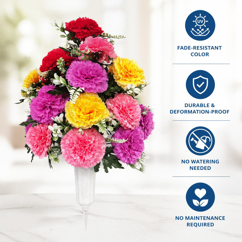 Bouquet d'oeillets artificiels avec vase et œillets, fleurs de cimetière commémoratives, arrangement floral de sympathie pour l'extérieur