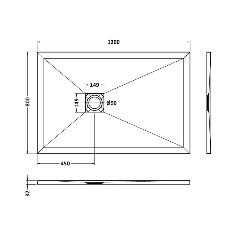 1200 x 800 mm Standard Shower Tray, 3.3cm H x 80cm W x 120cm D, Grey Slate