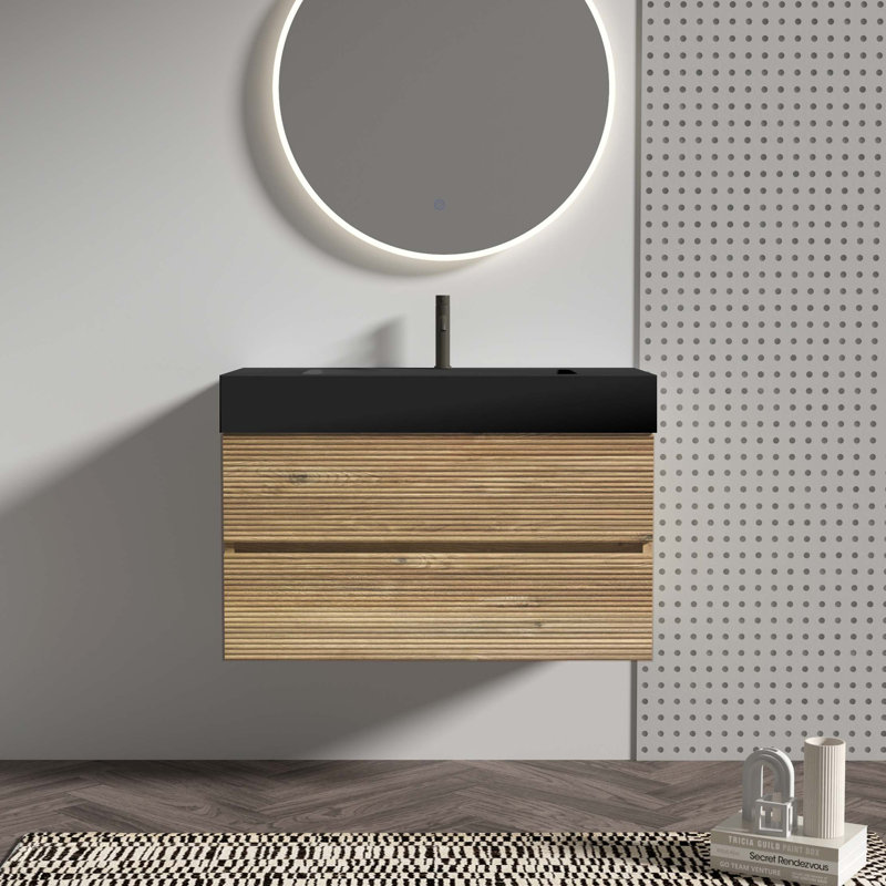 Meuble-lavabo 36 po avec lavabo à quartz d'ingénierie et tiroirs souples, meuble-lavabo mural flottant pour salle de bain moderne, lavabo une pièce mat