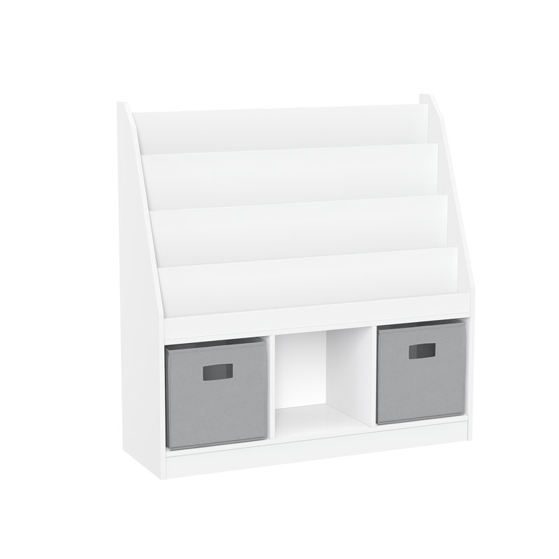 RiverRidge Kids Playroom Bookrack with 3 Toy Organizer Cubbies and 4 Book Shelves - White with 2 Fabric Bins, Gray