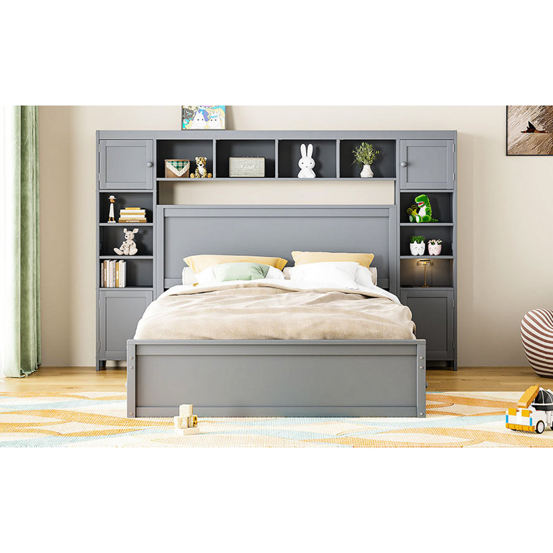 Grand lit gris fiable avec combinaisons d'armoires, de tablettes et de prises intégrées - Prises électriques de taille, Gris