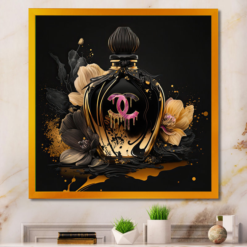 «Chic Black and Gold Perfume Bottle II», impression sur toile, H 16 po x l 16 po x P 1 po, Encadrement doré