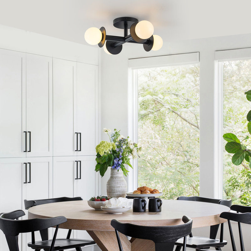 Modern 4-Light Semi Flush Mount Ceiling Light Matte Black Sputnik Chandelier With Pearl White Glass Globe Shades For Kitchen Dining Room Hallway UL Listed