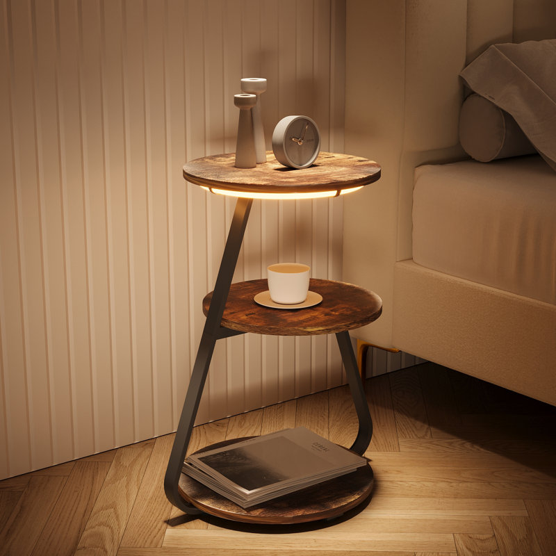 Modern 3-Tier Round Bedside Table with Adjustable LED Lighting, Small Accent Storage Table for Sofa Side & Lounge, Brown