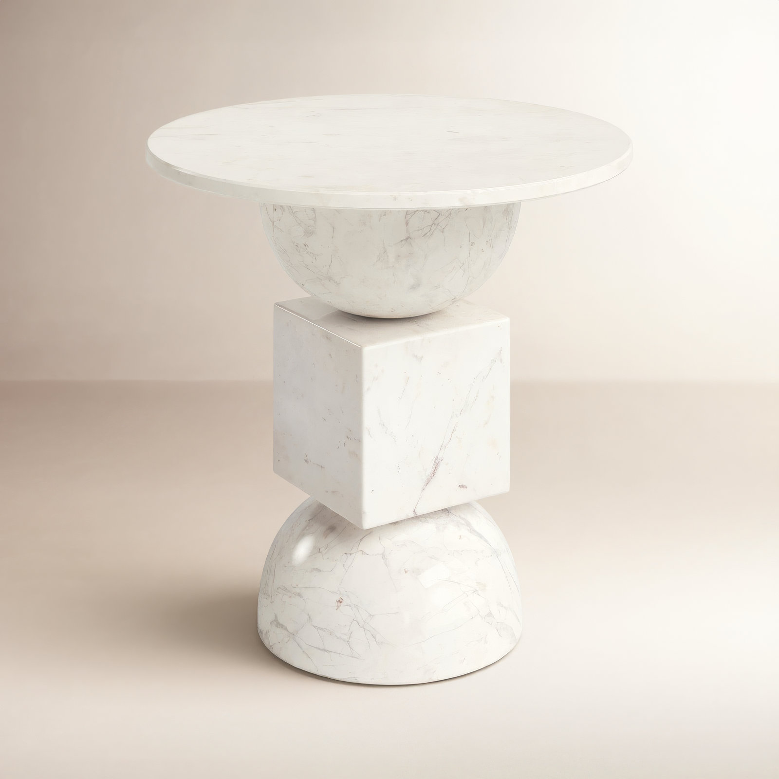 Zed Genuine Marble Pedestal End Table, Polished White