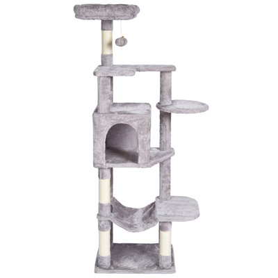 Cat Tree for Indoor Cats, 60.6" Cat Tower with Cat Condo, Sisal Scratching Post, Hammock, Top Perch, Jumping Platforms, Large Cat Furniture Activity Center with Hang Ball, Light Grey