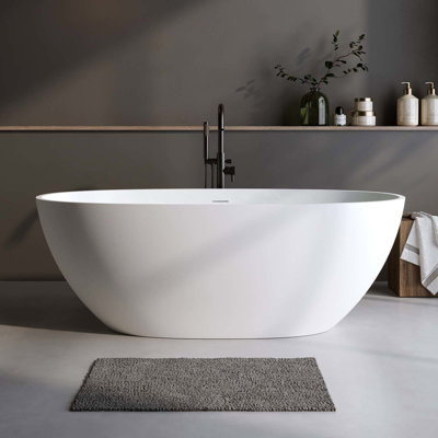 MAYBOSS 71 Inch Freestanding Bathtub, Stone Resin Solid Surface Soaking Tub, Modern Stand Alone Bathtub with Overflow & Pop-up Drain, White for Bathroom