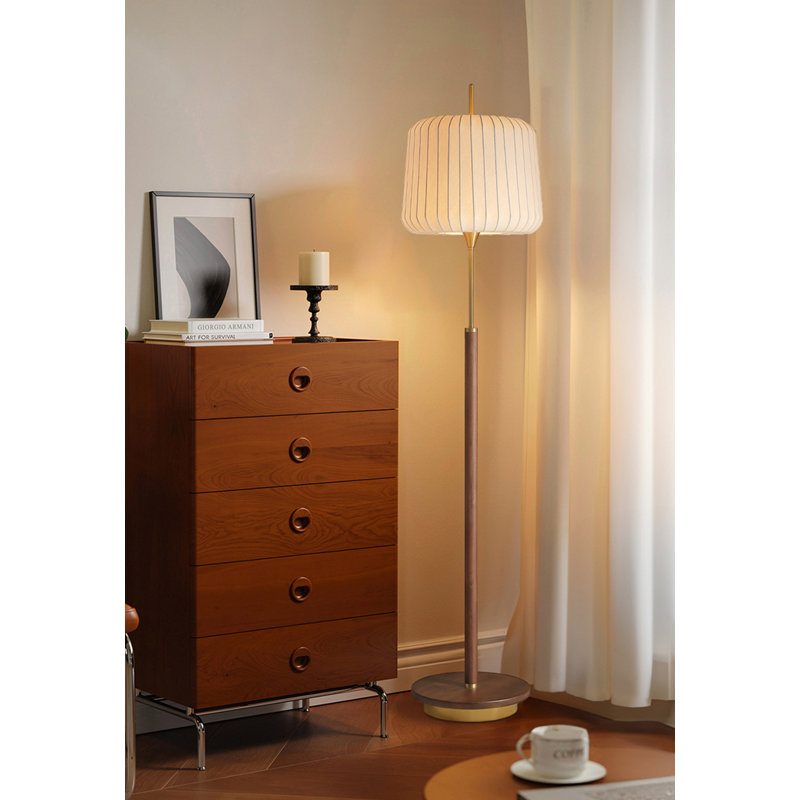 French Retro-Style Black Walnut, Brass & Silk Floor Lamp