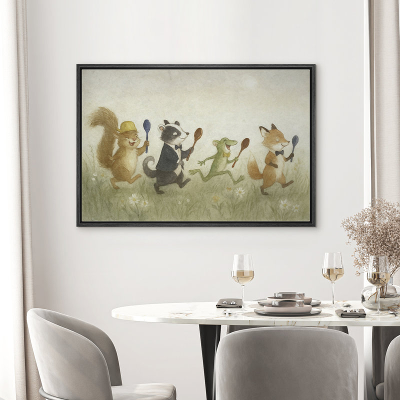 Whimsical Animal Parade Kids Room Decor- Framed Canvas Wall Art Print, 16" H x 24" W, Black