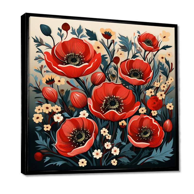 Swanage - coquelicot, art mural, H 16 po x l 16 po, Toile noire avec cadre flottant