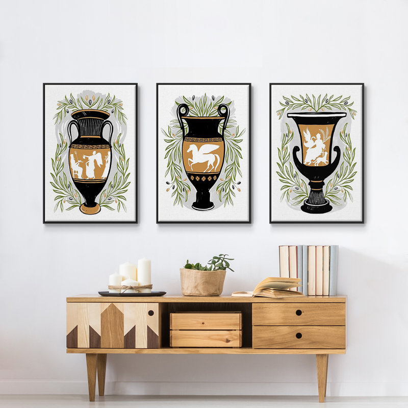 Vases grecs I 3 pièces, H 40 po x l 90 po x P 2 po, Noir