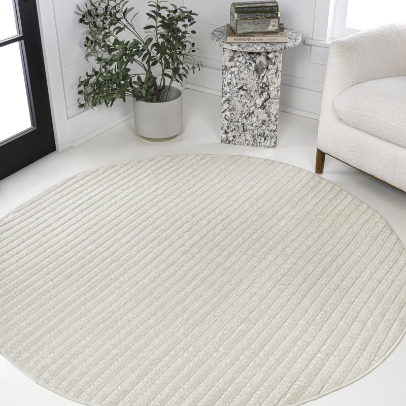 Atricia High-Low Minimalist Scandi Striped Ivory/Cream Indoor/Outdoor Rug, Round 7'