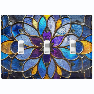 Plaque d'interrupteur en métal ; interrupteur à bascule triple, taille standard américaine – Motif floral mandala en vitrail imprimé