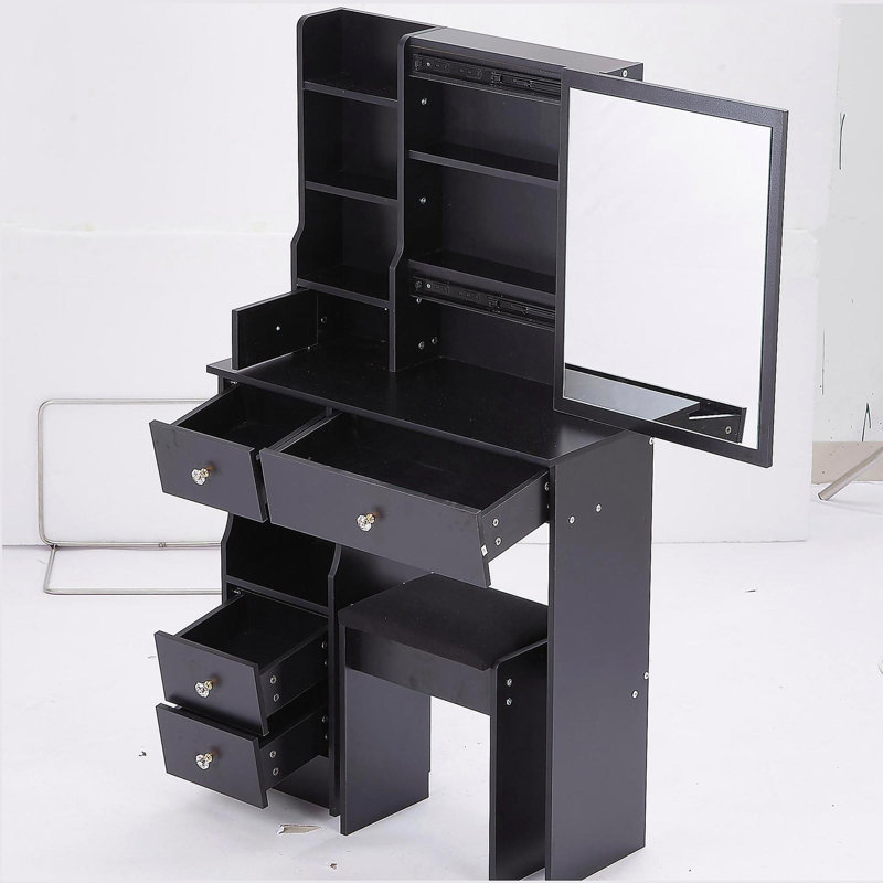 Petit meuble-lavabo de 29,2 po avec tiroir de gauche et tabouret rembourré, très grand miroir coulissant à droite, rangement multi-couches à grande capacité, commode pratique et pratique, convient aux petits espaces