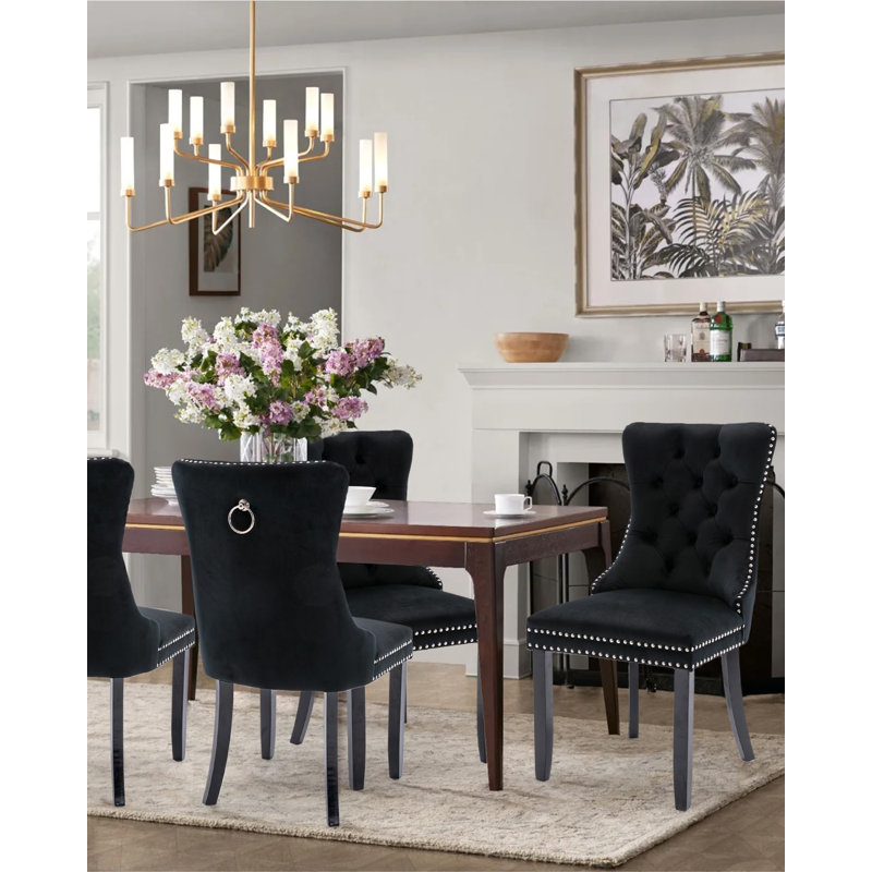 Chaises de salle à manger, chaise de salle à manger rembourrée haut de gamme avec anneau clouté, Noir, Velours noir, 4