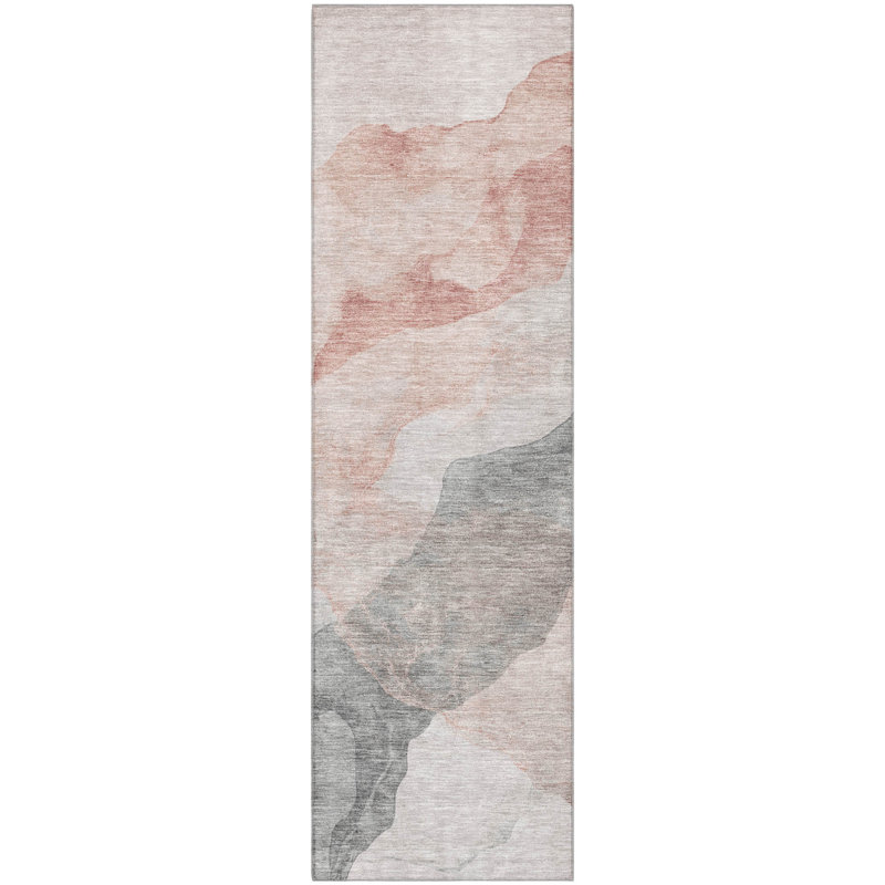 Premium Machine Washable Mayfield AMF2109 Abstract Rug, 2'3" x 7'6" Runner, Salmon