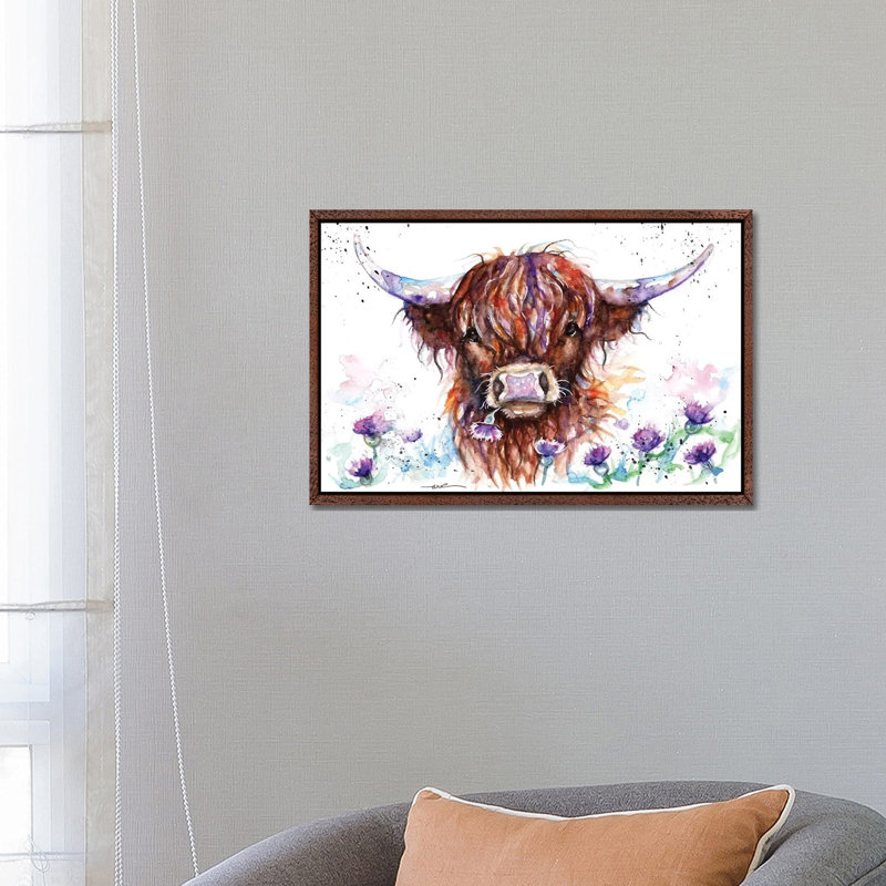 Highland Cow Among The Thistles by BebesArts - Wrapped Canvas Painting, 45.72 cm H x 66.04 cm W x 3.175 cm D