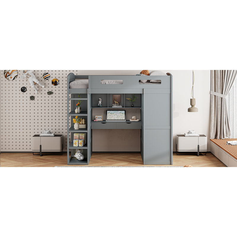 Lit mezzanine pour adolescent avec bureau, garde-robe, 4 tiroirs et 4 tablettes, Gris, Lit double