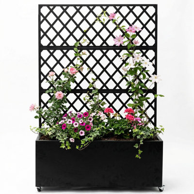 Lit de jardin surélevé en acier galvanisé avec treillis et roues - 71 po x 35 po x 16 po, jardinière pour plantes grimpantes, écran d'intimité avec roulettes verrouillables