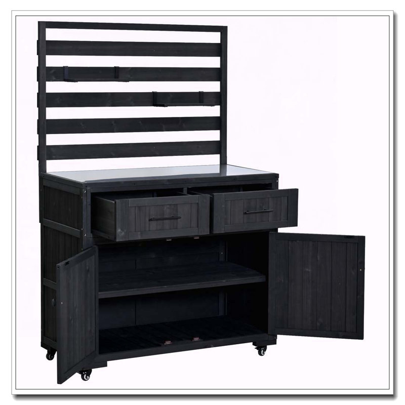 64.9'' H Large Patio Kitchen Island Solid Wood Kitchen Cart, Black