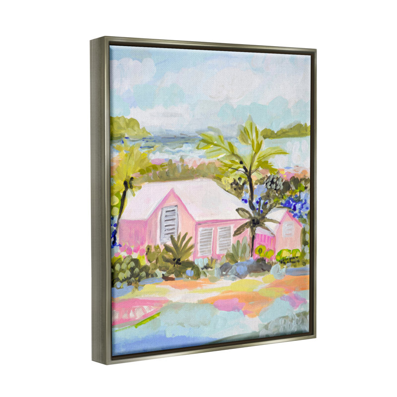 «Pink Tropical Cottage» par Karen Fields, H 31 po x l 25 po x P 1,7 po, Cadre flottant gris lustré