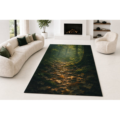 "Ultra Light Weight" Large 6'7" x 9'10" Autumn Woodland Path Area Rug for Living Room, Bedroom and Home Office, Soft Low Pile Carpet with Non-Slip Silicone Backing, Green and Rust