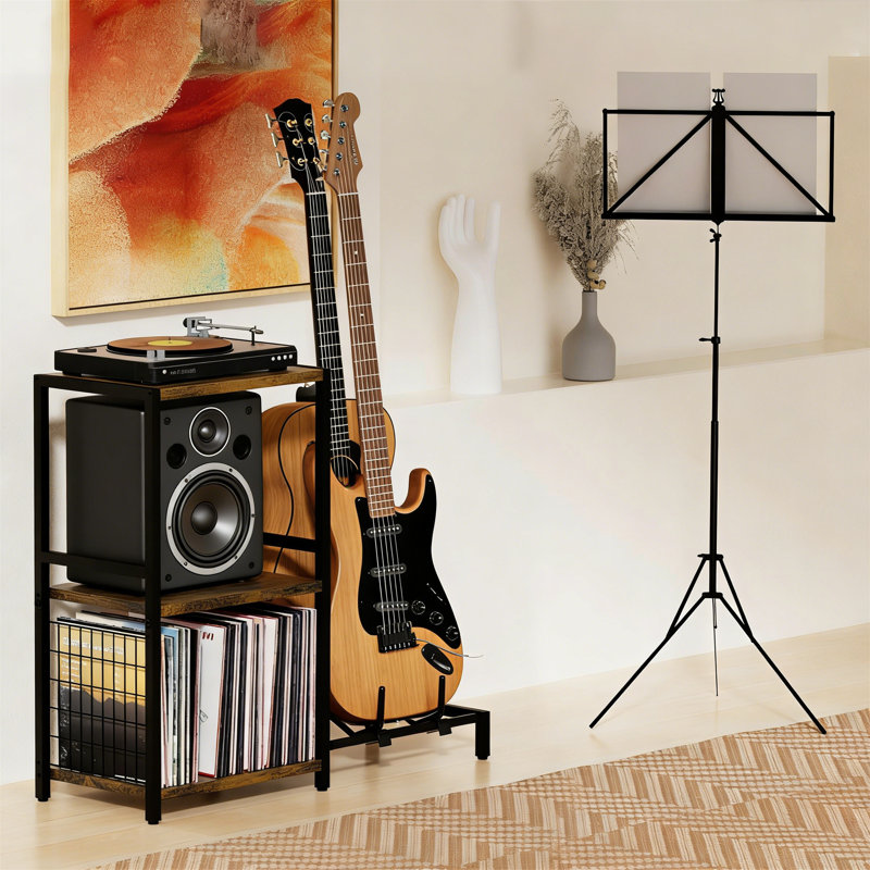 Guitar & Record Player Stand End Table With 2-Tier Vinyl Storage, Brown, Brown