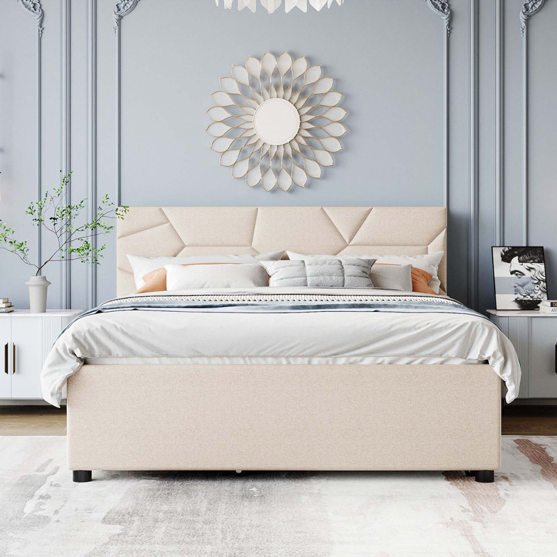 Lit plateforme tapissier avec tête de lit à motif brique, avec gigogne et 2 tiroirs, tissu en lin, Grand, Beige