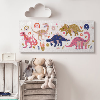 Joyeux dinosaures fantaisistes avec des fleurs arc-en-ciel