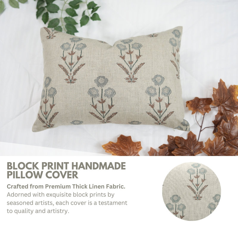 Fabdivine Sustainable Handmade Linen Pillow Cover Elegant Block Print Home Accent - Amitabh, 24"H x 24"W