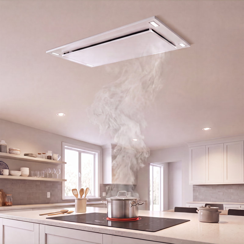 38 Inch 600 CFM Flush Mount Ceiling Island Range Hood, Wall Switch and Dimmable LED's, White