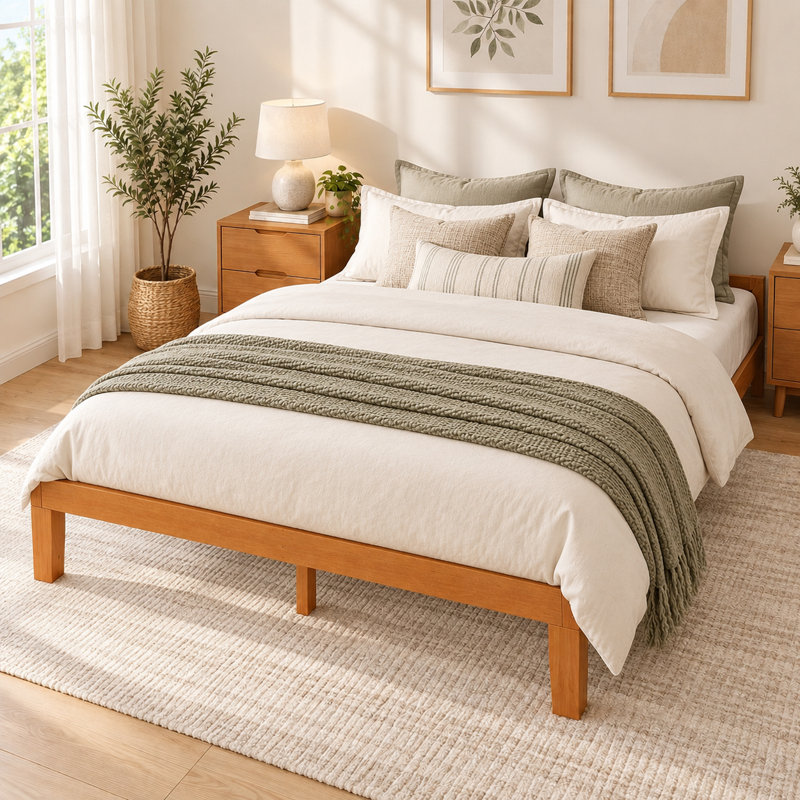 Cadre de lit plateforme en bois de 30 cm (12 pouces), style minimaliste en bois d'hévéa massif, sommier à lattes robuste, aucun sommier tapissier nécessaire