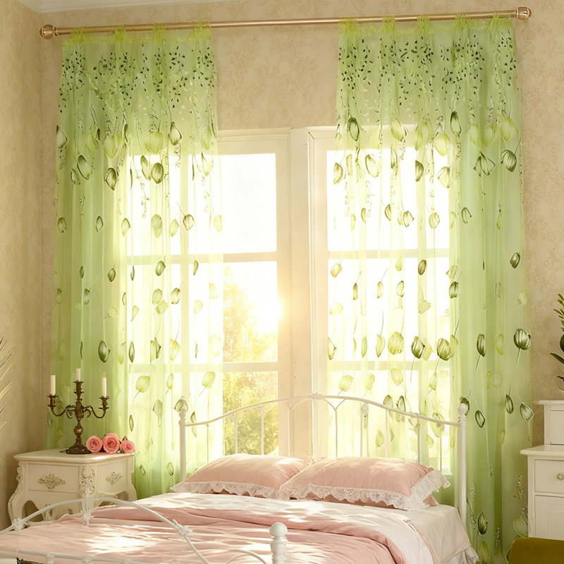 2 Panel Tulle Curtains, 100x200 cm Tulip Print Tulle Sheer Curtains, Rod Pocket, Living Room Bedroom Decor, Green, Green