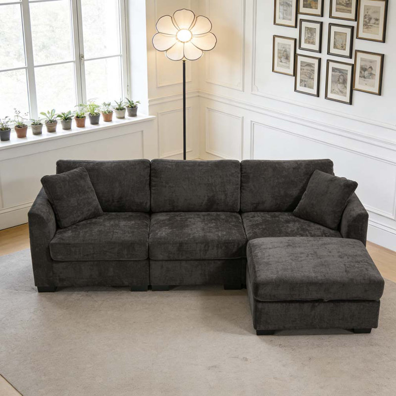 Canapé moderne modulaire avec double USB, 2 poches latérales et banc de rangement