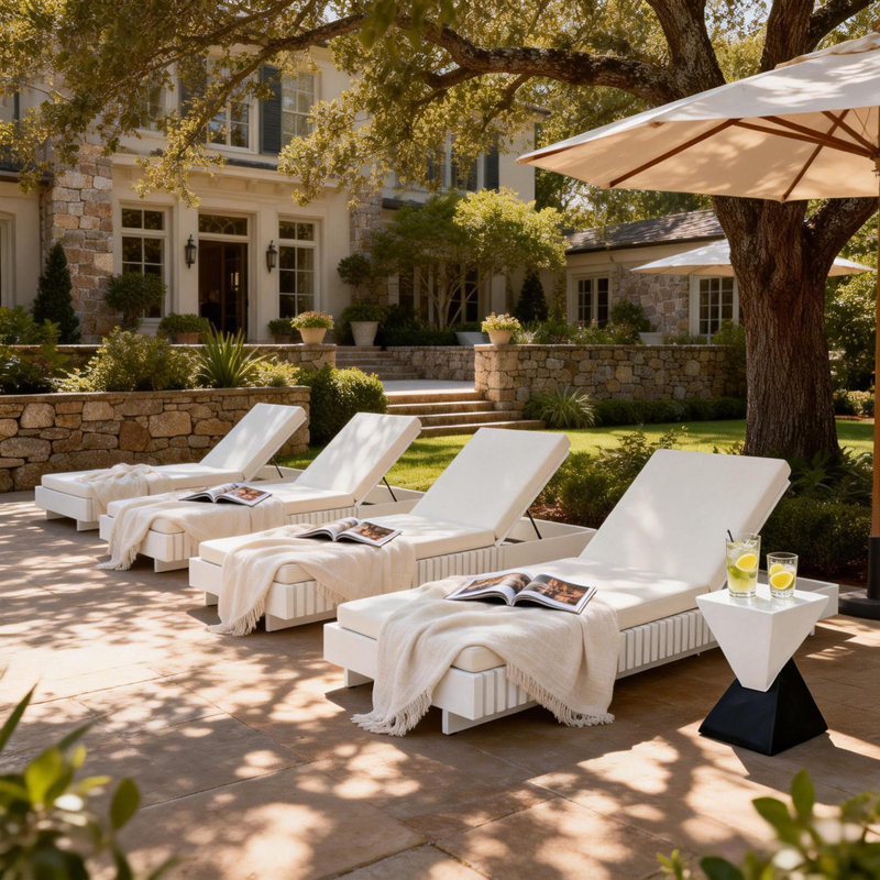 Acacia Solid Wood Outdoor Chaise Lounge With Water Repellent Cushion, Cream, White