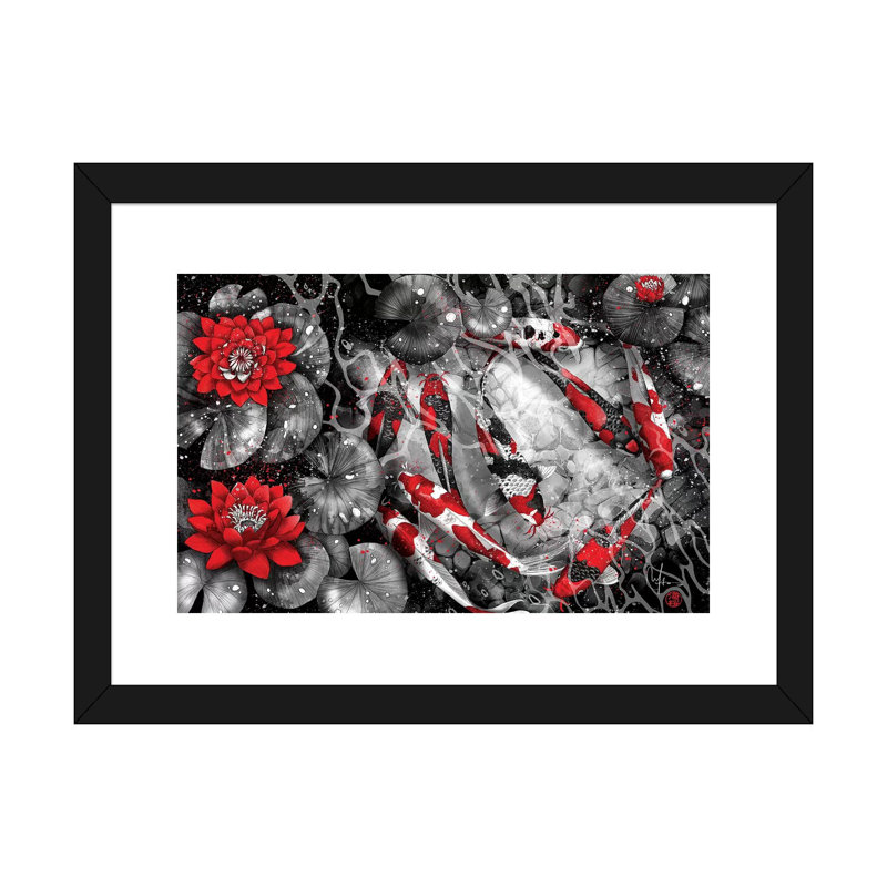 " 9 Kois " by Marine Loup, White, 24" H x 32" W x 1" D, Black Framed Paper