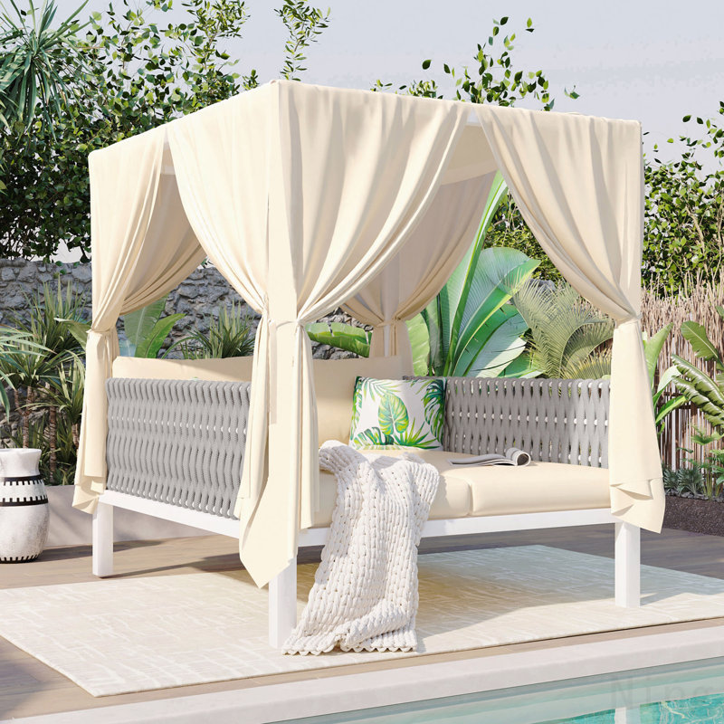 Outdoor Patio Sunbed With Curtains, High Comfort, Suitable For Multiple Scenarios, Beige