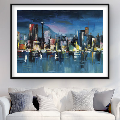 Paysage urbain abstrait bleu par nuit - impression encadrée avec passe-partout