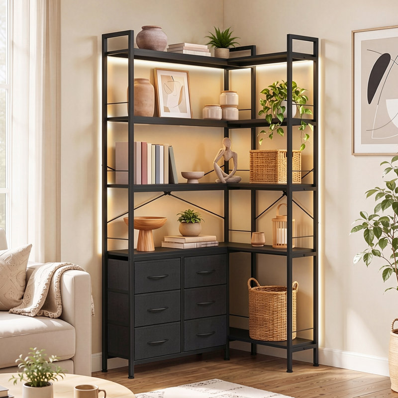 Bibliothèque de coin convertible à 4 niveaux avec éclairage DEL, 6 tablettes ouvertes et 4 tiroirs en tissu, noir, Noir