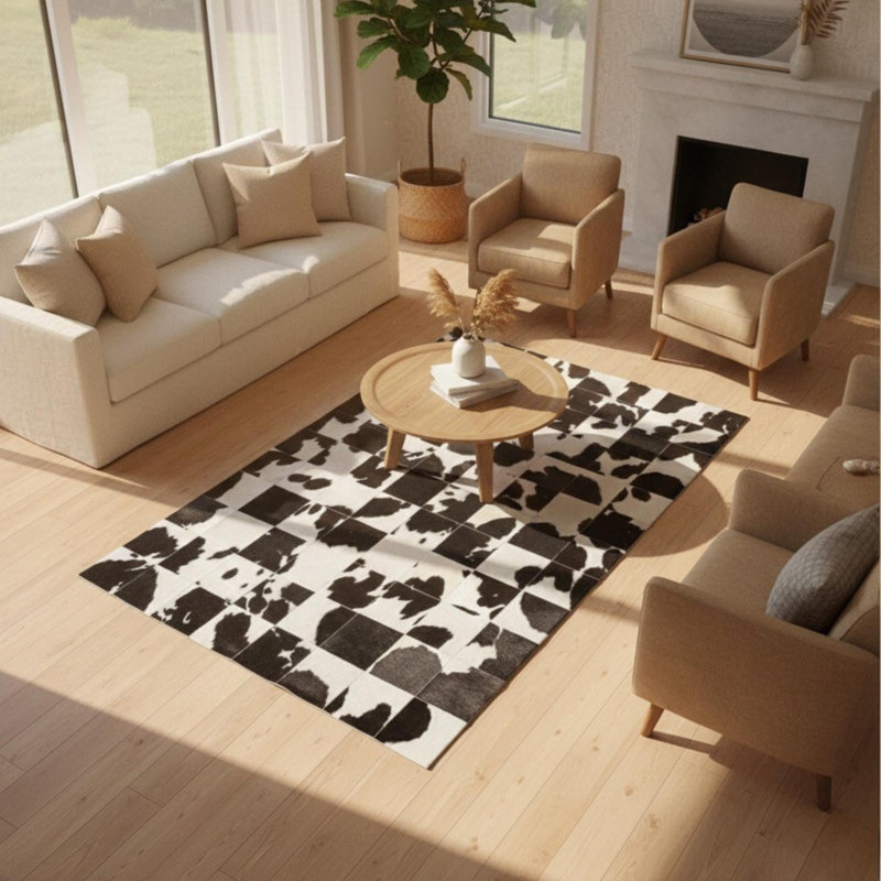 Tapis noir et blanc en peau de vache, tapis moderne, Rectangulaire 4 pi x 6 pi