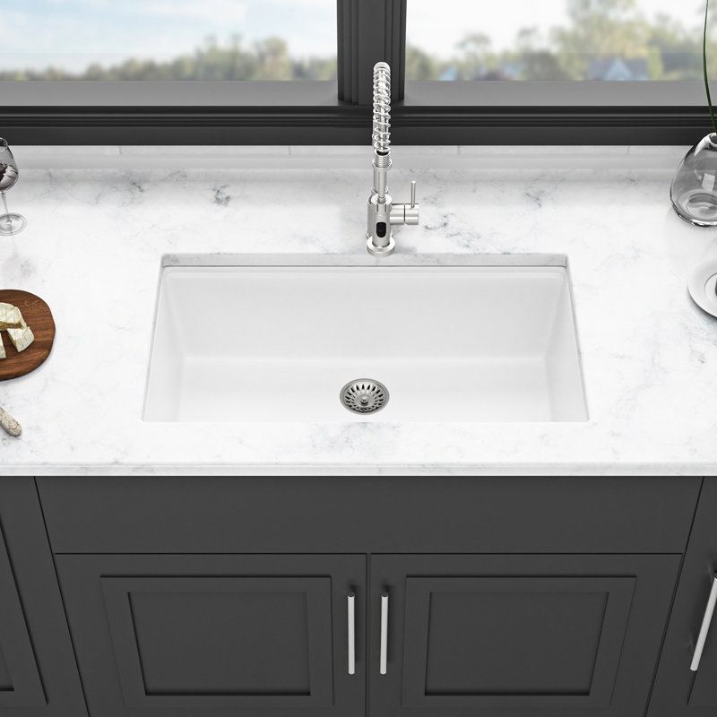 32x19" Quartz Sink - White, Robust Composite, Practical Workstation Undermount White Composite Strong, , Easy To Clean