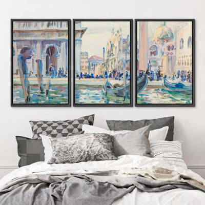 Aquarelle, gondole italienne de Venise, 3 pièces