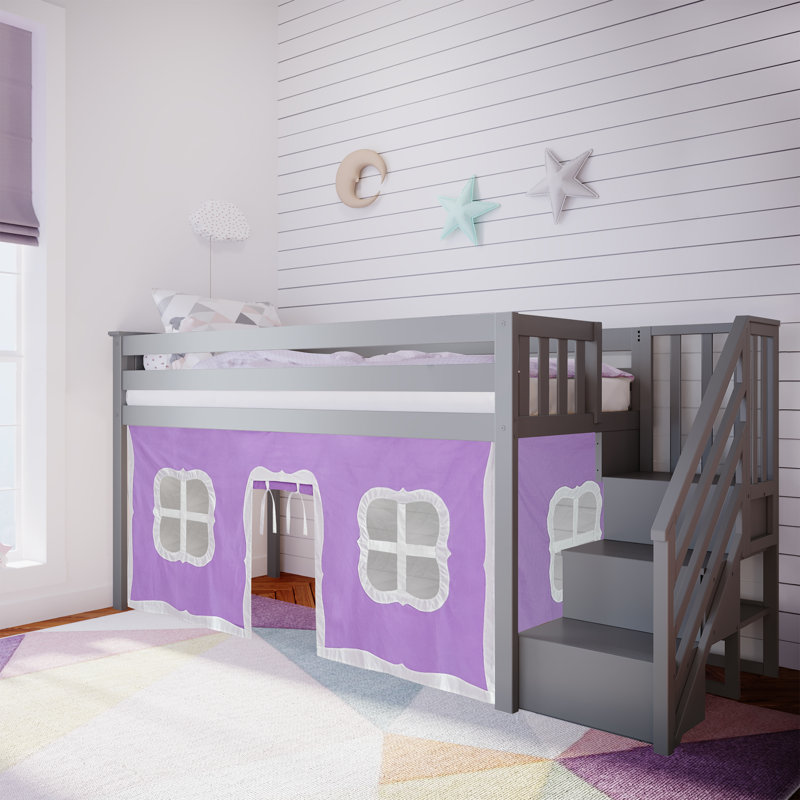 Lit mezzanine simple avec escalier et rideau de jeu Glyndon Kids, Argile, Mauve