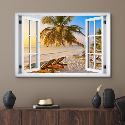 Fenêtre de paysage «Vue de fenêtre relaxante plage tropicale paradisiaque, photos de paysages pittoresques» sur