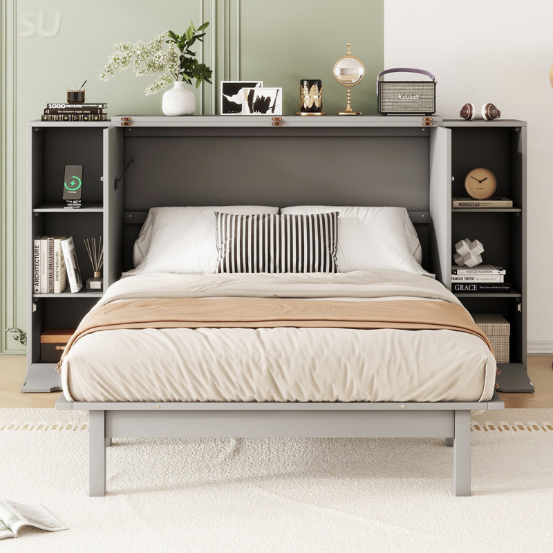 Lit escamotable avec tablettes et tiroirs Murphy, Gris, Lit double