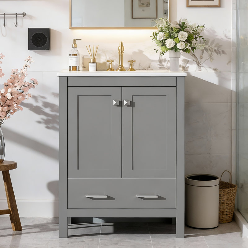 Meuble-lavabo 24 po avec lavabo en céramique, 2 portes et 1 tiroir, tablette de porte à double couche, Gris
