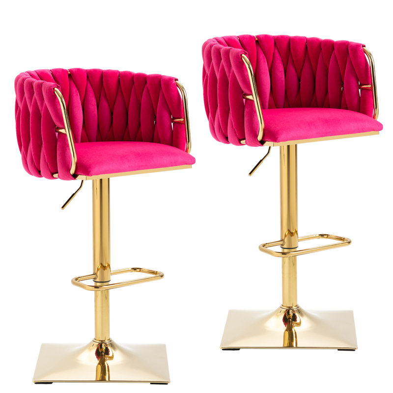 Swivel Adjustable Height Bar Stool with Golden Base, Rose Carmine Velvet