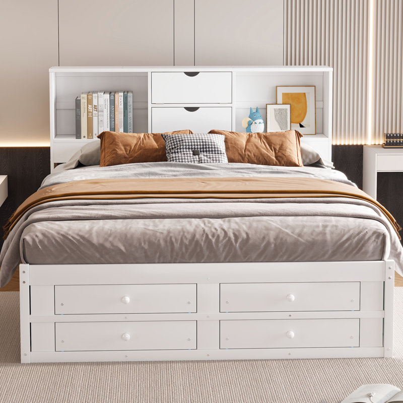 Lit plateforme très grand avec rangement pour tête de lit et 8 tiroirs, rangement en bois massif blanc lustré